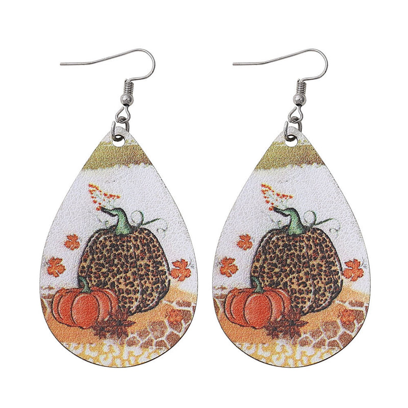 Thanksgiving Leopard Pumpkin Maple Leaf Double-sided Water Drop PU Leather Earrings