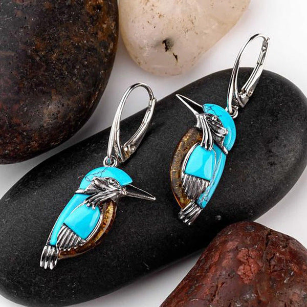 Pendientes de pájaro de plata turquesa estilo natural para mujer