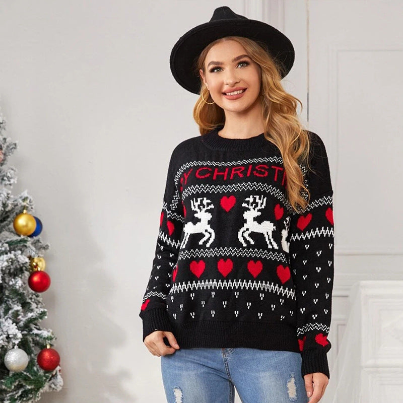 Cute Elk Heart Print Sweater Women Fashion Pullover Christmas Knitted Sweater Winter Tops