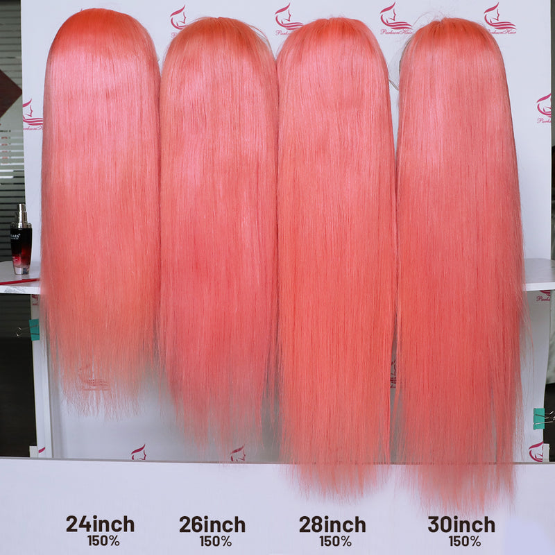 Cabello humano 13x4 frente encaje rosa claro raya recta peluca diadema