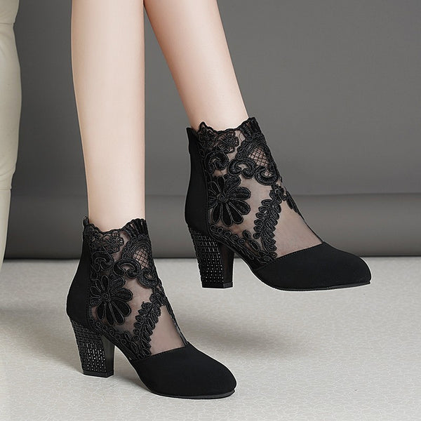 Women's Lace Mesh Chunky Heel Sandals