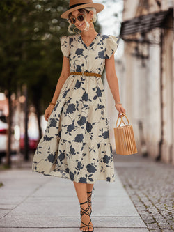 Women's V-neck Printed Flying Sleeves Dress