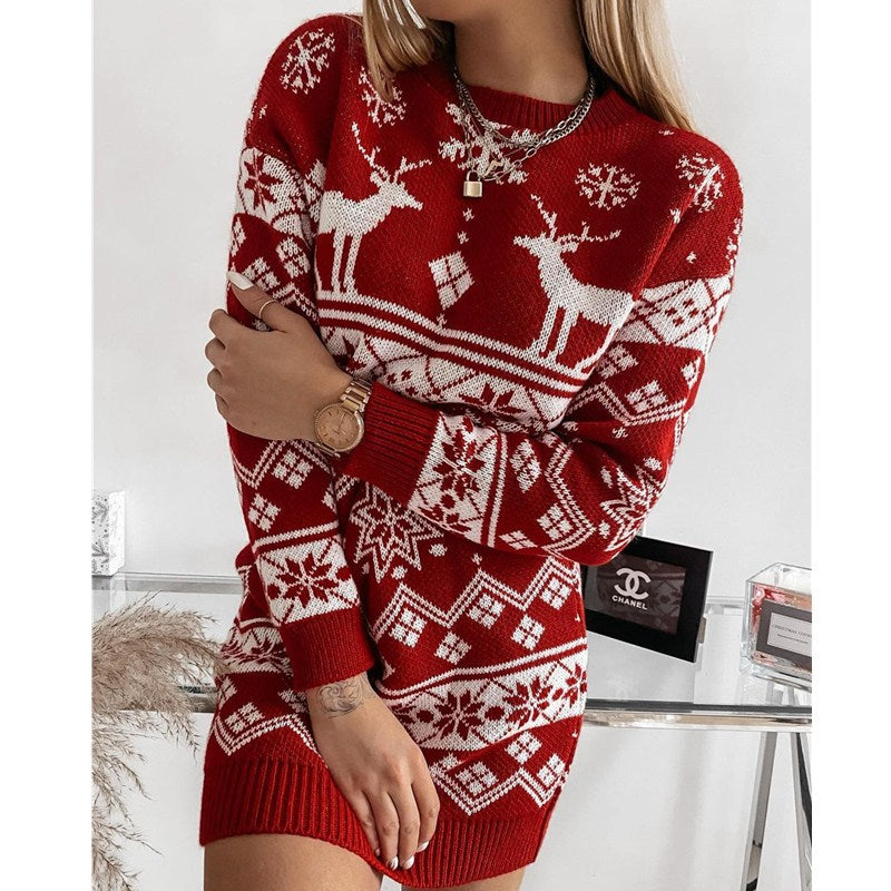 Vestido de punto jacquard navideño con copo de nieve de alce Suéteres de punto largos