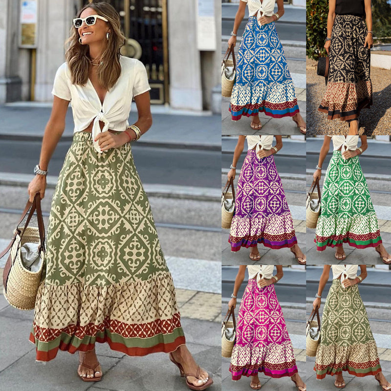 European American Summer New Printed Loose Stitching Large Swing Skirt