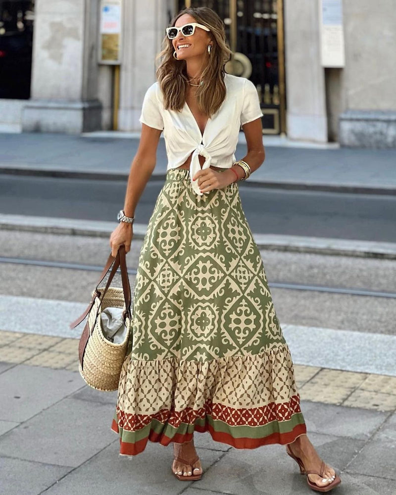 European American Summer New Printed Loose Stitching Large Swing Skirt