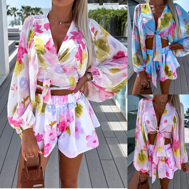 Chiffon Pleated Lantern Sleeve Long Sleeve V-neck Shirt Elastic Waist Straight Shorts Printing Suit