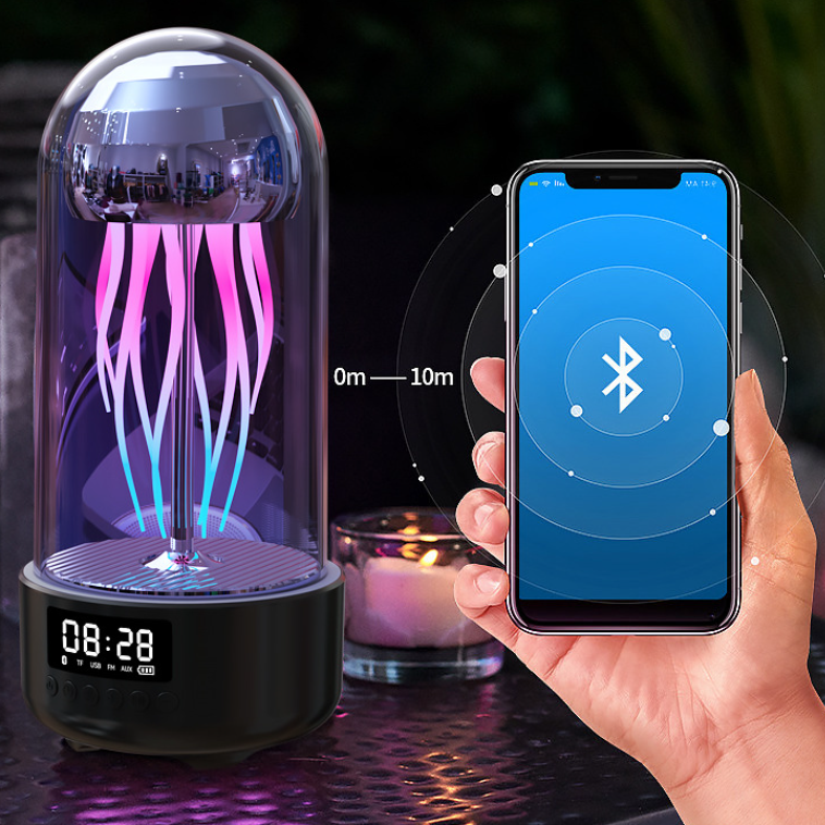 Lámpara creativa 3 en 1 de medusas coloridas con reloj, luz de respiración estéreo portátil luminosa, decoración inteligente, Altavoz Bluetooth