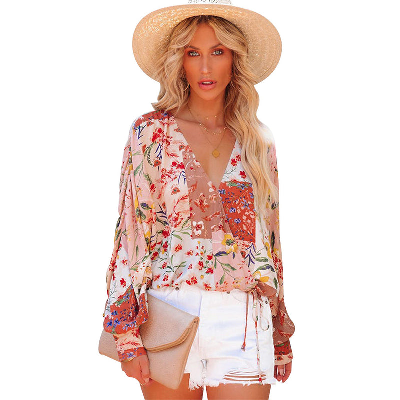 Camisa casual holgada de manga larga con cuello en V floral de primavera y verano