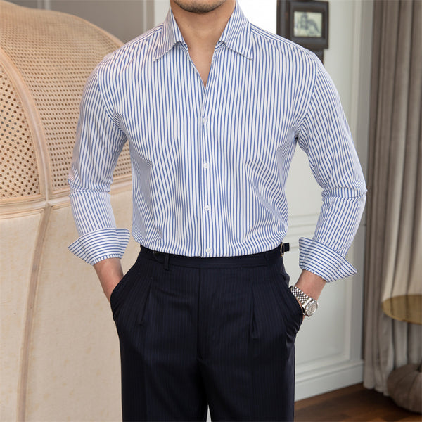 All-match Striped One-piece Collar Long-sleeved Shirt Slim Fit