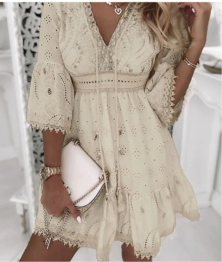 White V-collar Hollow Tassel Embroidered Dress