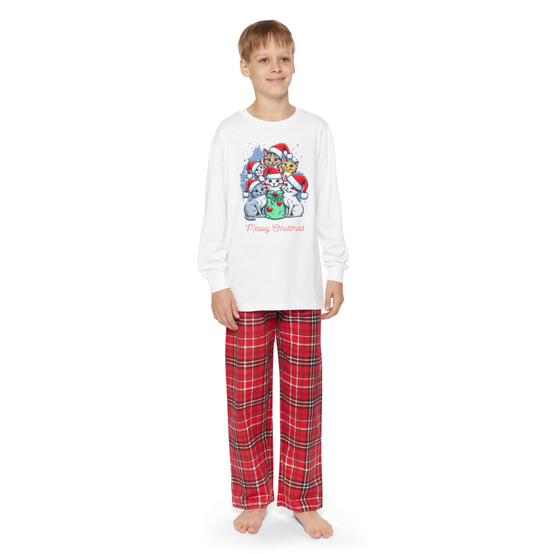 Youth Long Sleeve Holiday Outfit Set - Merry Christmas Kittens