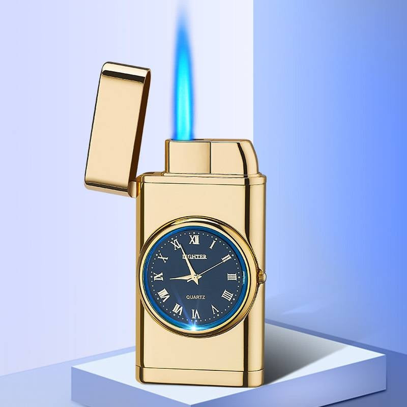 Nuevo encendedor con reloj eléctrico Brazo basculante Encendido automático Encendedor de llama azul recto Esfera real creativa Encendedor inflable a prueba de viento Reloj para hombres Regalo