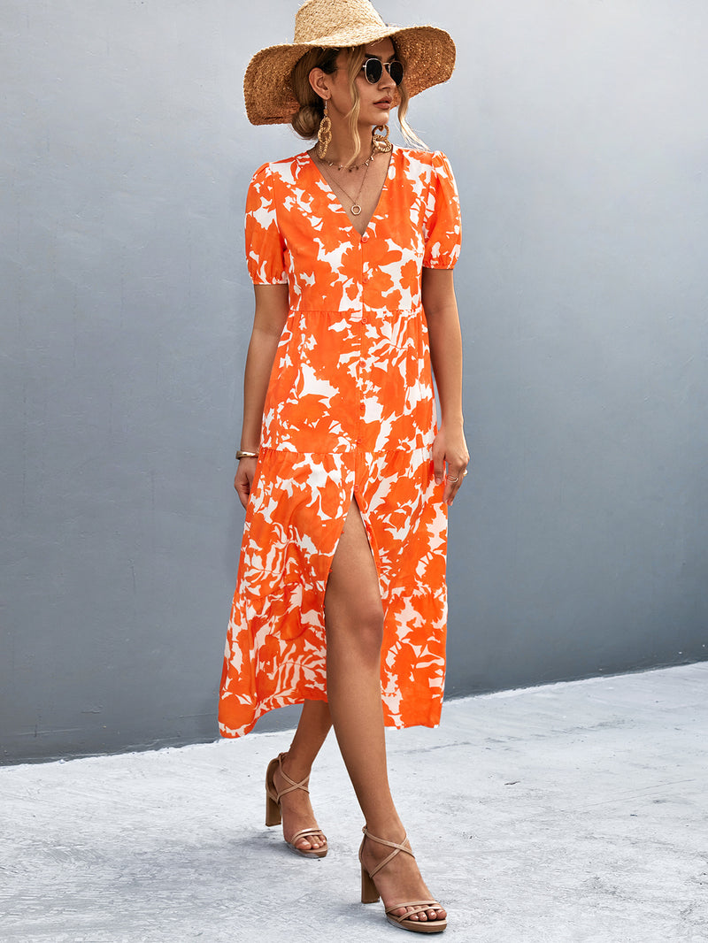 Short Sleeve And Long Pattern Dress