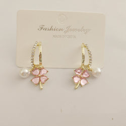 Purple Crystal Four-leaf Flower Pearl Earrings For Women