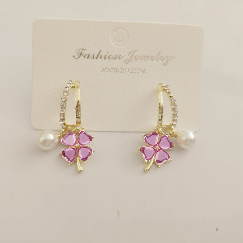 Purple Crystal Four-leaf Flower Pearl Earrings For Women