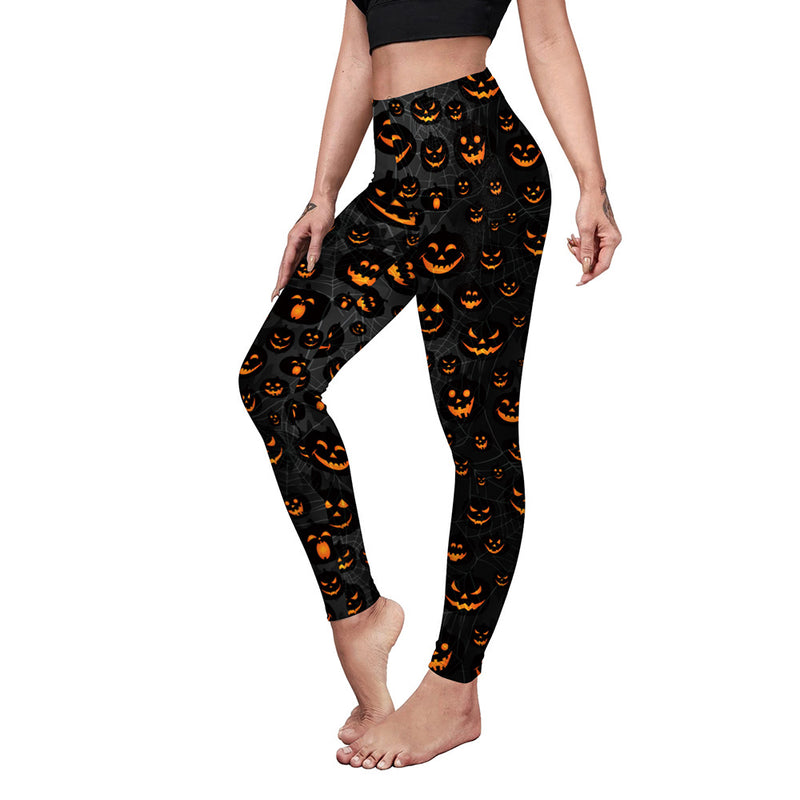 Pantalones de yoga elásticos delgados con estampado de telaraña de calabaza informal a la moda para mujer