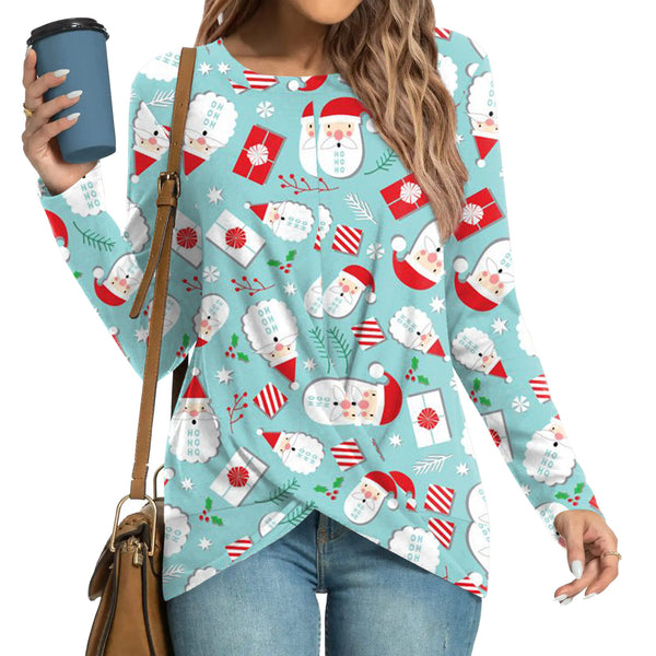 Women's Fashion Casual Christmas Element Printing Round Neck Long Sleeve Top