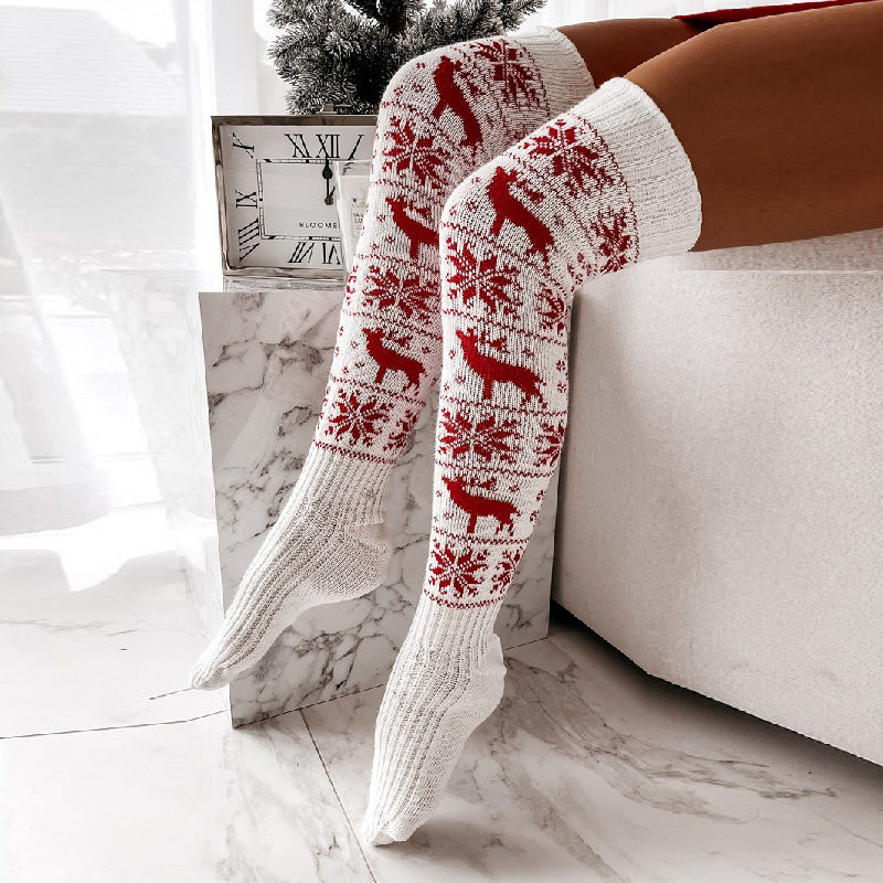 Invierno Navidad Cálido Punto Mujer Medias Hermoso Alce Copo de nieve Jacquard Sobre la rodilla Calcetines largos casuales para damas Regalos Tamaño libre