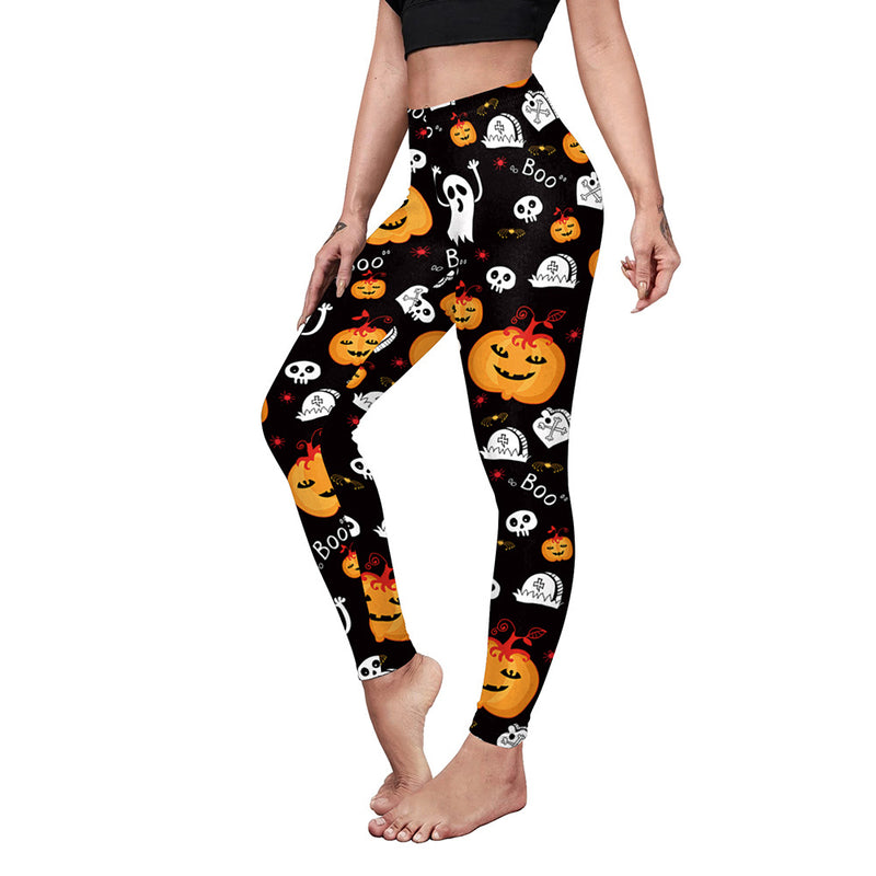 Women's Fashion Casual Pumpkin Spider Web Printed Slim Elastic Yoga Pants