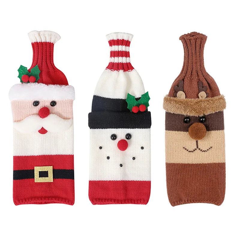 Creative Christmas Wine Bottle Cover Set Knitted Stripe Wool Acrylic Fiber Red Wine Champagne Bottle Xmas New Year Decor Sleeve