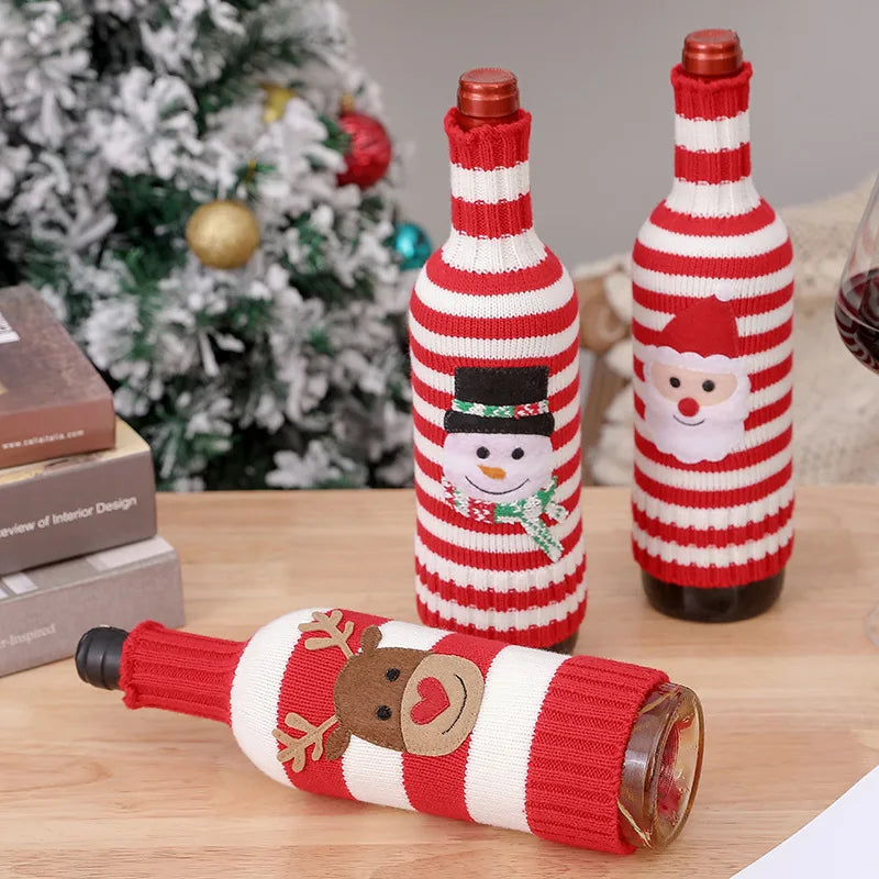 Creative Christmas Wine Bottle Cover Set Knitted Stripe Wool Acrylic Fiber Red Wine Champagne Bottle Xmas New Year Decor Sleeve