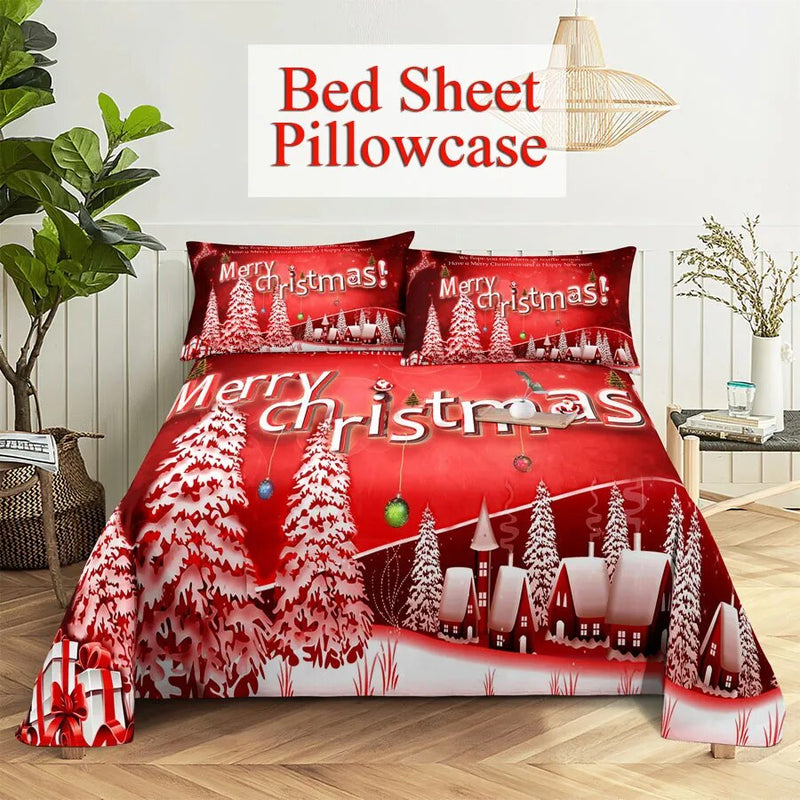 Christmas Bed Sheet Set Queen 240x220cm Bedsheets with Pillows Case Red Bedding Cover King Size Soft for Single Double Beds Thin