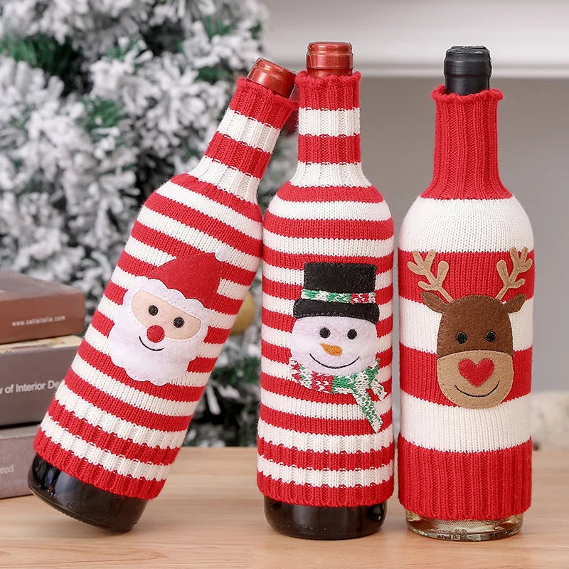 Creative Christmas Wine Bottle Cover Set Knitted Stripe Wool Acrylic Fiber Red Wine Champagne Bottle Xmas New Year Decor Sleeve