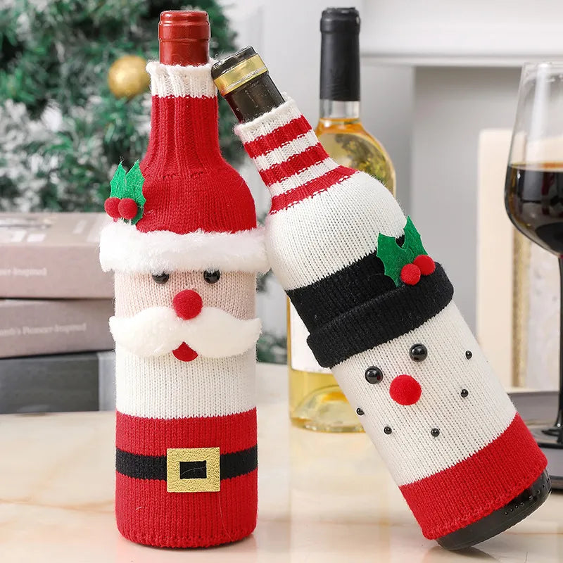 Creative Christmas Wine Bottle Cover Set Knitted Stripe Wool Acrylic Fiber Red Wine Champagne Bottle Xmas New Year Decor Sleeve