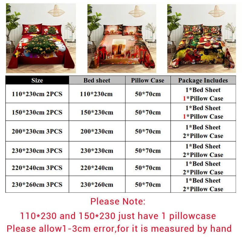 Christmas Bed Sheet Set Queen 240x220cm Bedsheets with Pillows Case Red Bedding Cover King Size Soft for Single Double Beds Thin