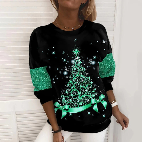 2022 New Winter Christmas Trees Print Tops Vintage Long Sleeve Women's Round Neck Pullover Vintage Loose Size Christmas Sweater