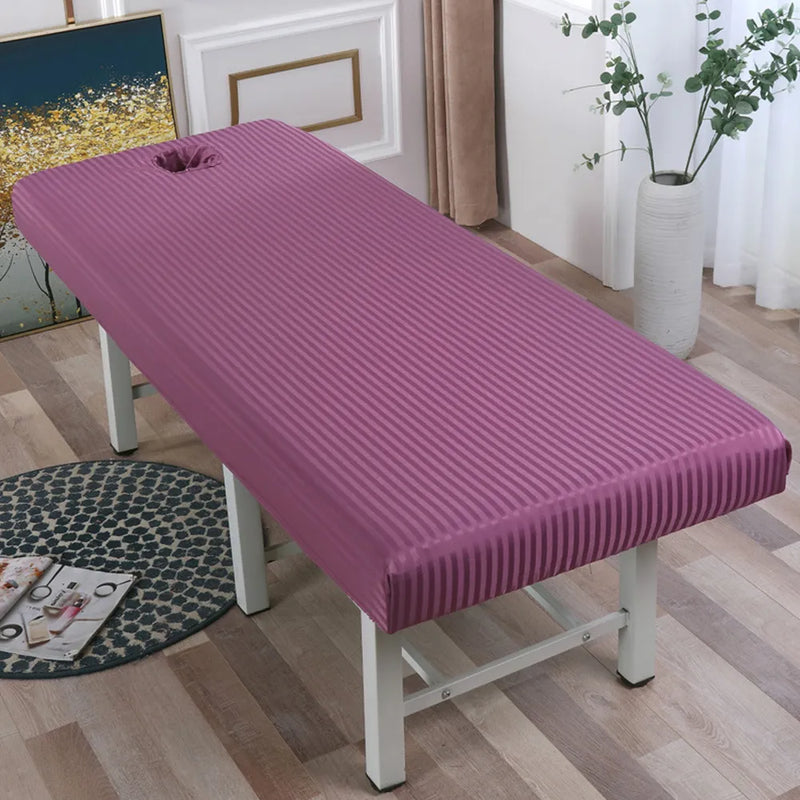 Mesa de masaje de poliéster suave, Sábana ajustable, cubierta completa elástica, banda de goma, cubierta de cama de SPA con orificio para la cara, Sábana ajustable 