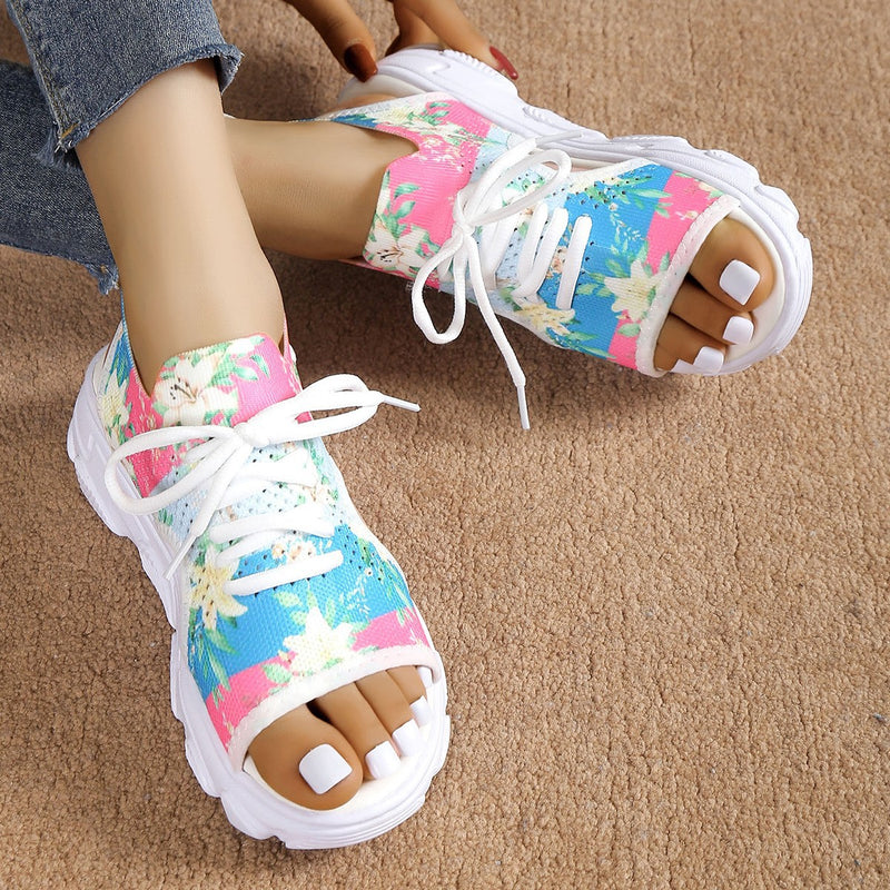 Print Lace-up Sports Sandals Summer Peep Toe Casual Mesh Shoes