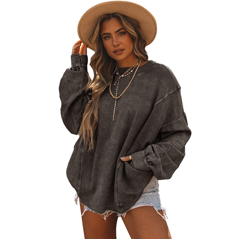 Women's Fashion All-matching Solid Color Loose Sweater Round Neck Long Sleeve Top