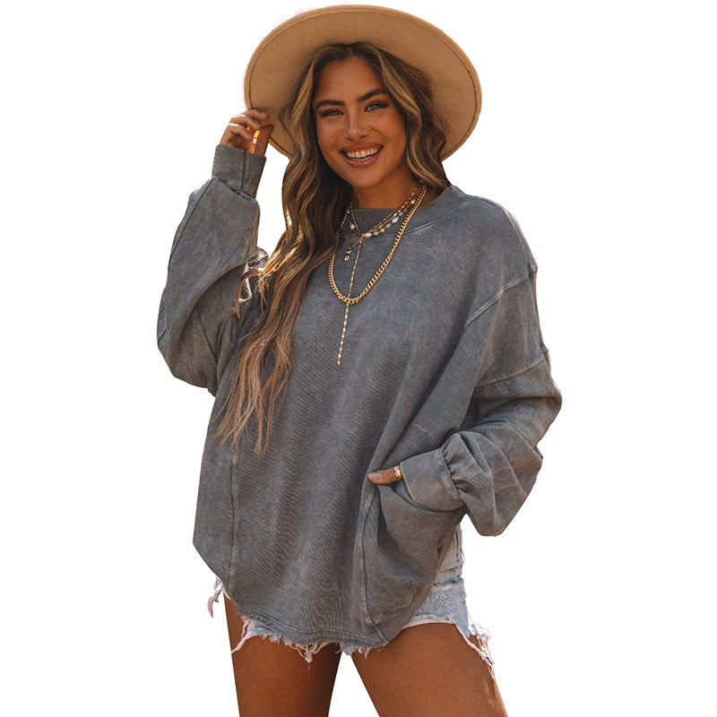 Women's Fashion All-matching Solid Color Loose Sweater Round Neck Long Sleeve Top