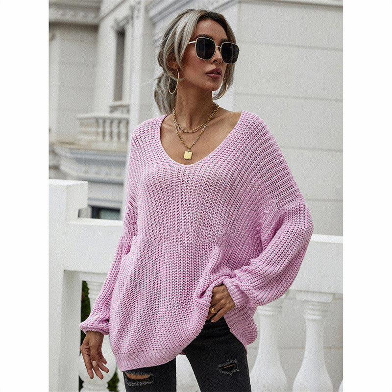 Suéter casual con cuello en V de color sólido de moda para mujer