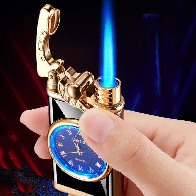 Nuevo encendedor con reloj eléctrico Brazo basculante Encendido automático Encendedor de llama azul recto Esfera real creativa Encendedor inflable a prueba de viento Reloj para hombres Regalo