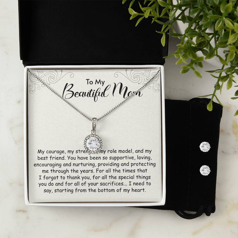 Eternal Hope Necklace + Clear CZ Earrings - My Courage, My Strength Mom