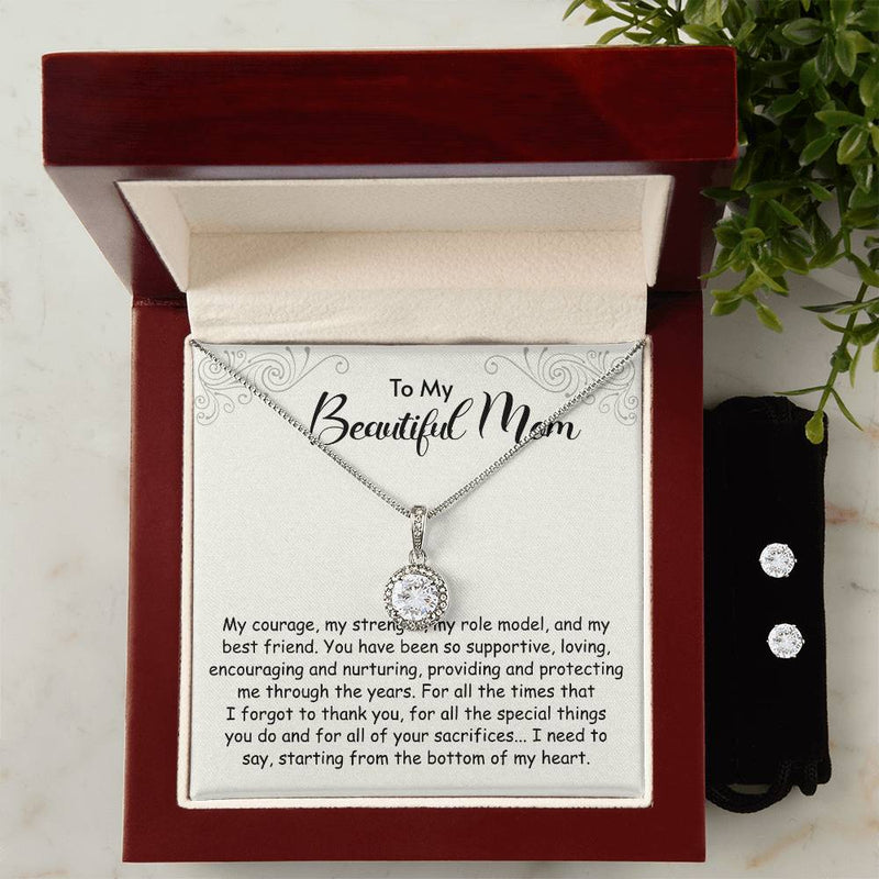 Eternal Hope Necklace + Clear CZ Earrings - My Courage, My Strength Mom