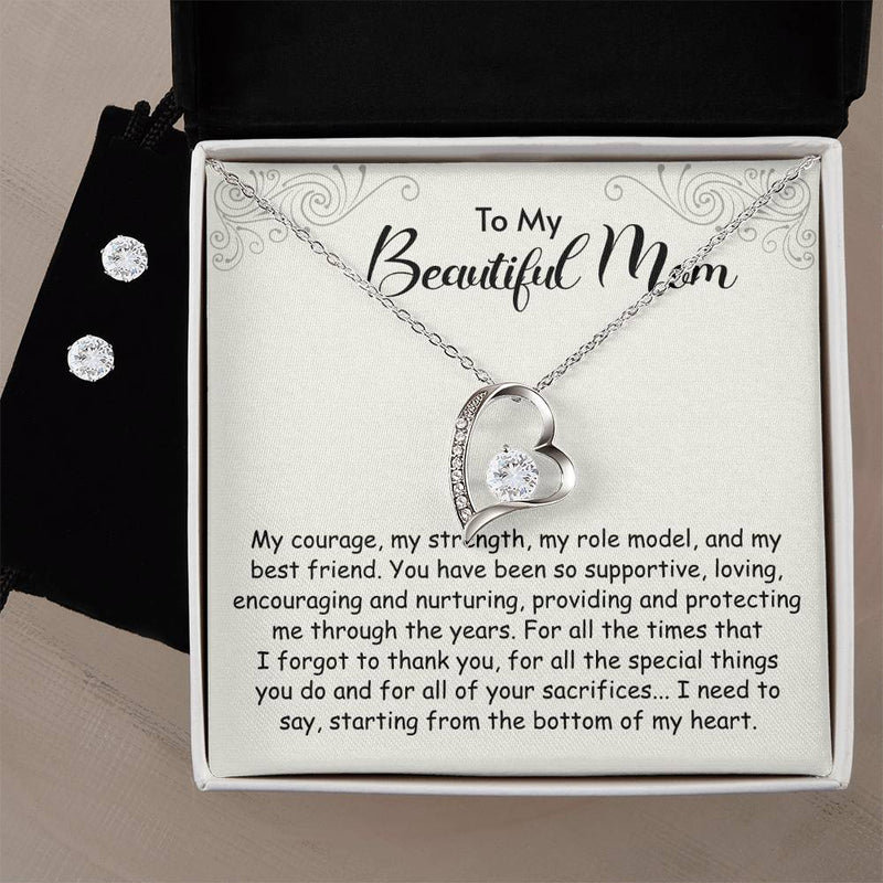 Forever Love Necklace + Clear CZ Earrings  - My Courage, Strength, Role Model, Mom