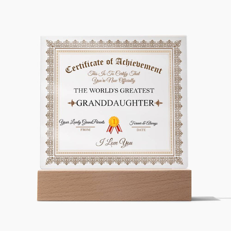 Acrylic Square Plaque - Certificate of Achievement Granddaughter