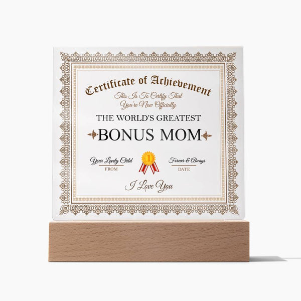 Acrylic Square Plaque - Certificate of Achievement Bonus Mom