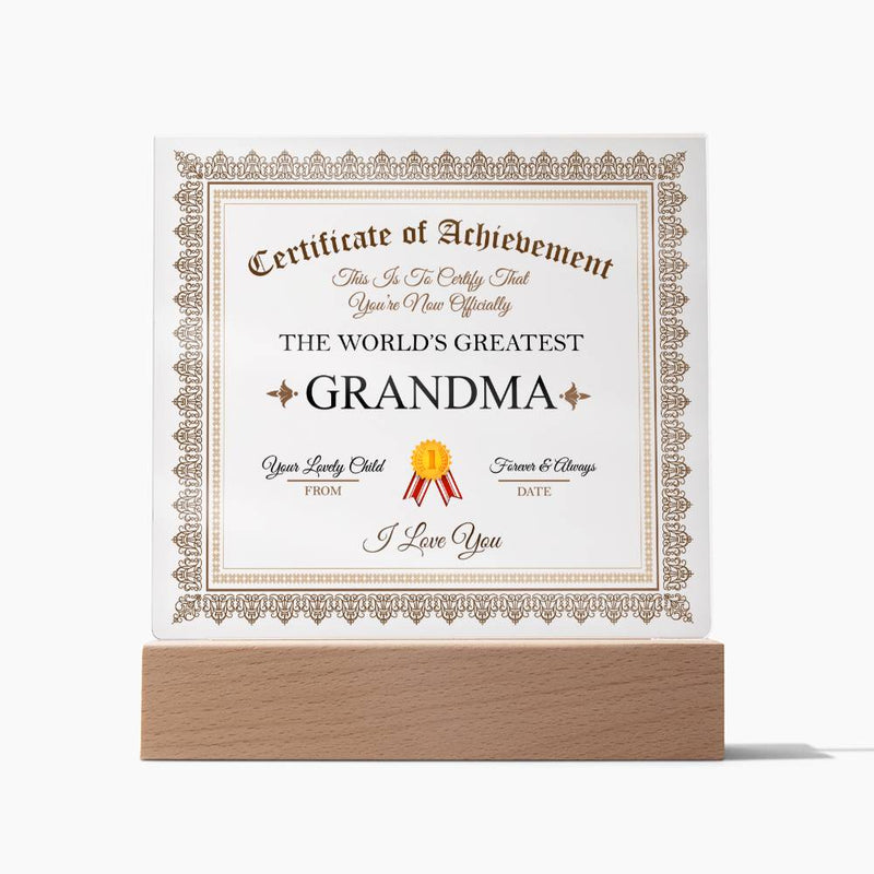 Acrylic Square Plaque - Certificate of Achievement Grandma