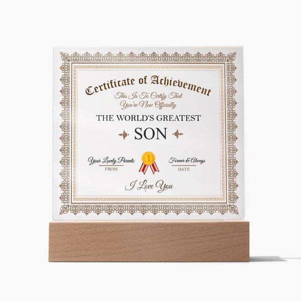Acrylic Square Plaque - Certificate of Achievement Son