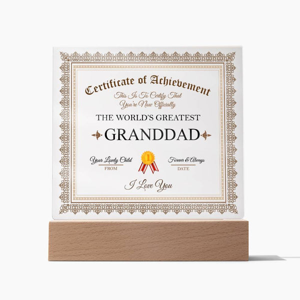 Acrylic Square Plaque - Certificate of Achievement Granddad