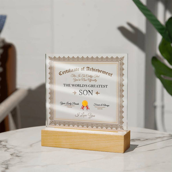 Acrylic Square Plaque - Certificate of Achievement Son
