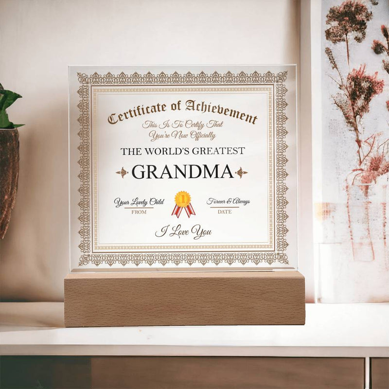 Acrylic Square Plaque - Certificate of Achievement Grandma