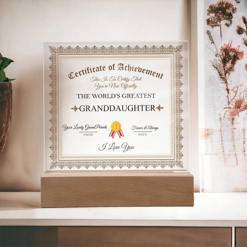 Acrylic Square Plaque - Certificate of Achievement Granddaughter