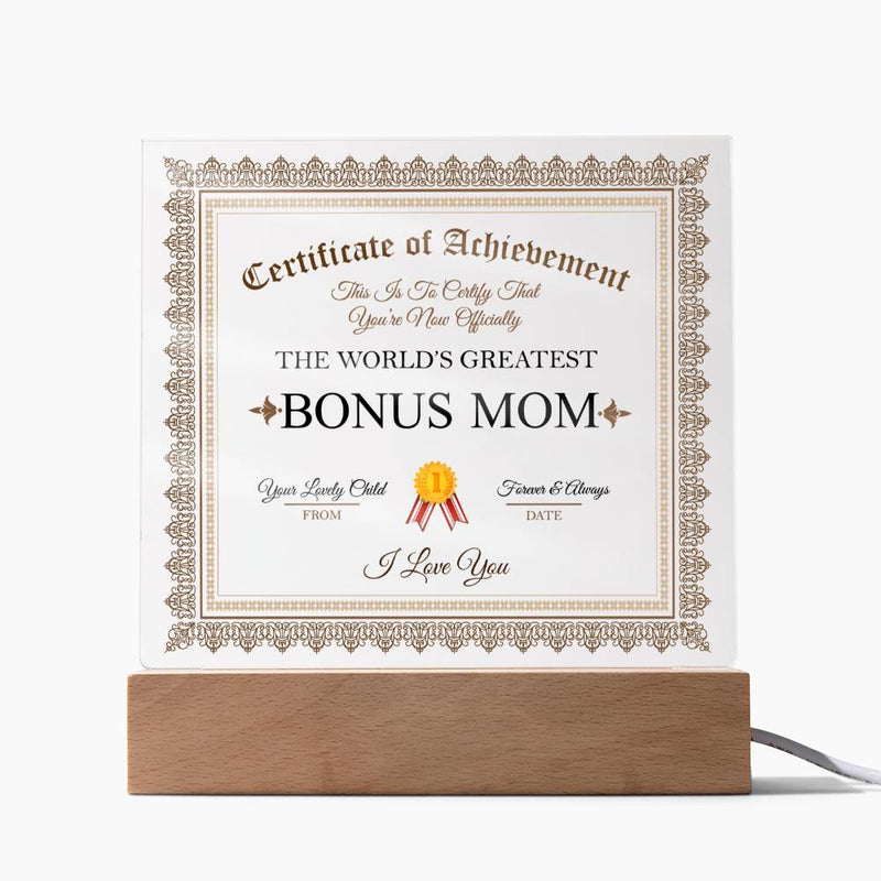 Acrylic Square Plaque - Certificate of Achievement Bonus Mom