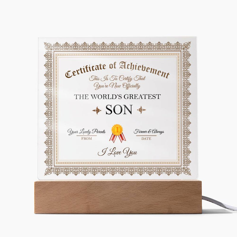 Acrylic Square Plaque - Certificate of Achievement Son