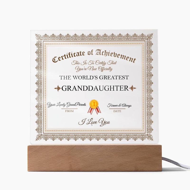 Acrylic Square Plaque - Certificate of Achievement Granddaughter